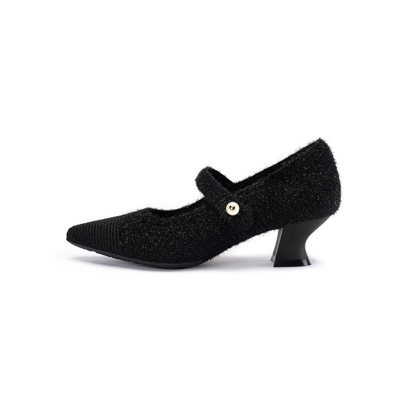 Vintage Pearl Strap Mary Jane Heels – Tweed Knit Block Heel Pumps