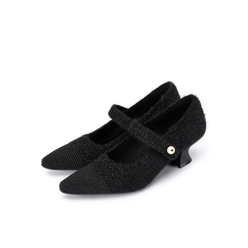 Vintage Pearl Strap Mary Jane Heels – Tweed Knit Block Heel Pumps