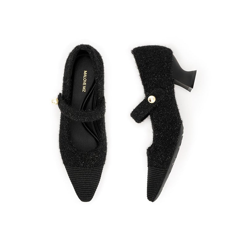 Vintage Pearl Strap Mary Jane Heels – Tweed Knit Block Heel Pumps