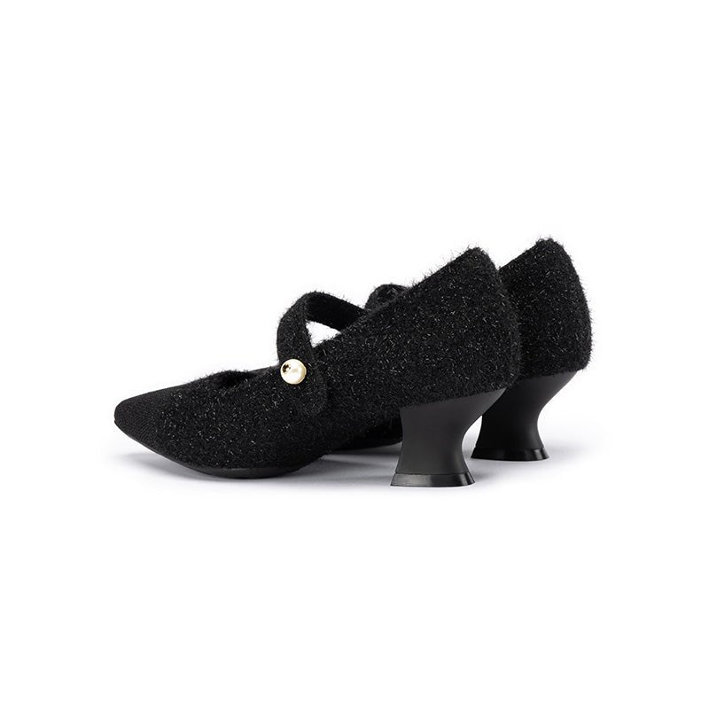 Vintage Pearl Strap Mary Jane Heels – Tweed Knit Block Heel Pumps