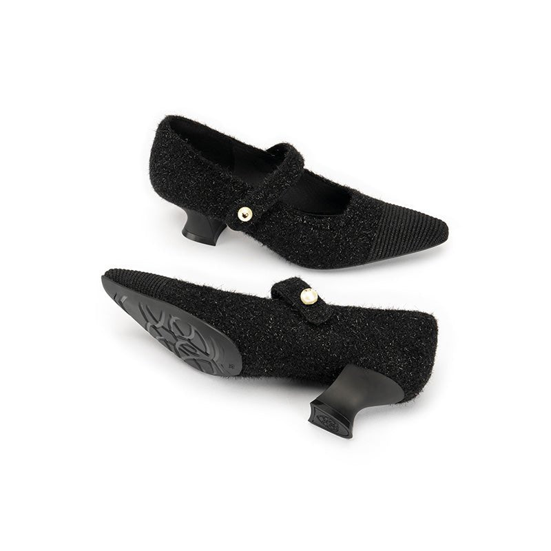Vintage Pearl Strap Mary Jane Heels – Tweed Knit Block Heel Pumps