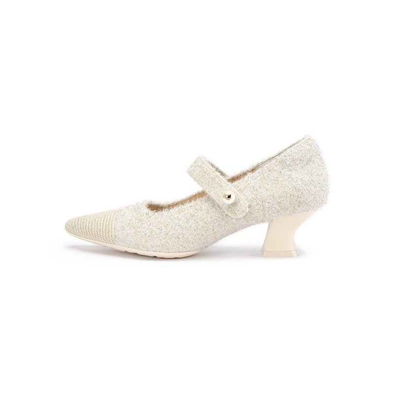 Vintage Pearl Strap Mary Jane Heels – Tweed Knit Block Heel Pumps